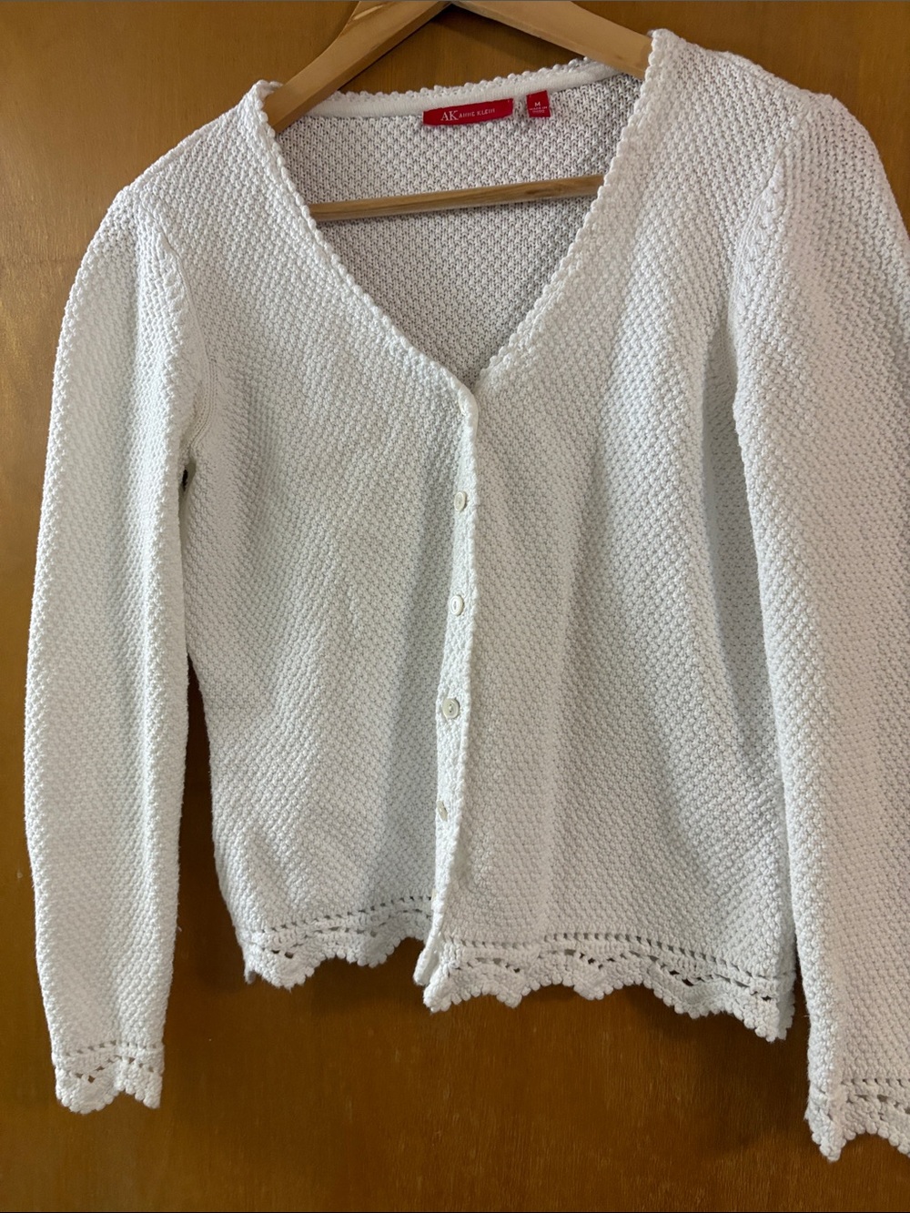 Anne Klein White Crochet-Trim Knit Cardigan